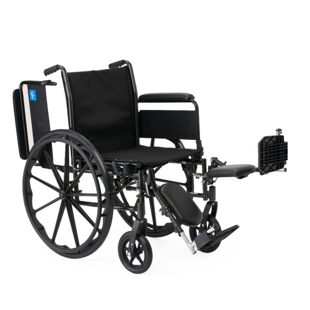 The Medline Lightweight K3 Wheelchair features a black folding frame, large rear wheels, adjustable armrests, elevated leg rest, and nylon upholstery. Shown empty against a white background.